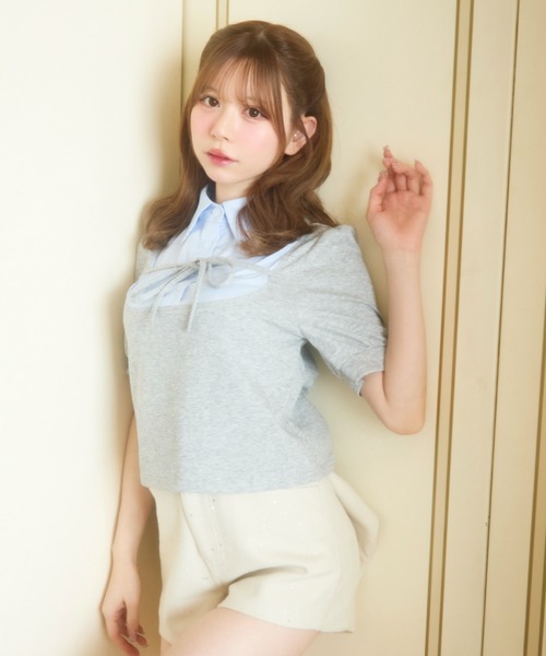 TITTY&CO.(ティティーアンドコー)の「ストライプシャツドッキングトップス半袖(Tシャツ/カットソー・レディース・ブラック/グレー・FREE)」の2枚目の写真