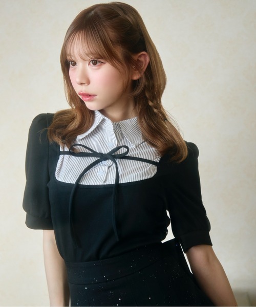 セール】ストライプシャツドッキングトップス半袖（Tシャツ/カットソー