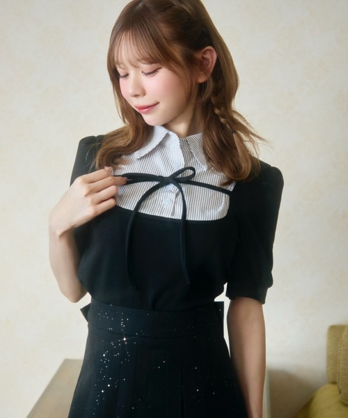 TITTY&CO.(ティティーアンドコー)の「ストライプシャツドッキングトップス半袖(Tシャツ/カットソー・レディース・ブラック/グレー・FREE)」の17枚目の写真