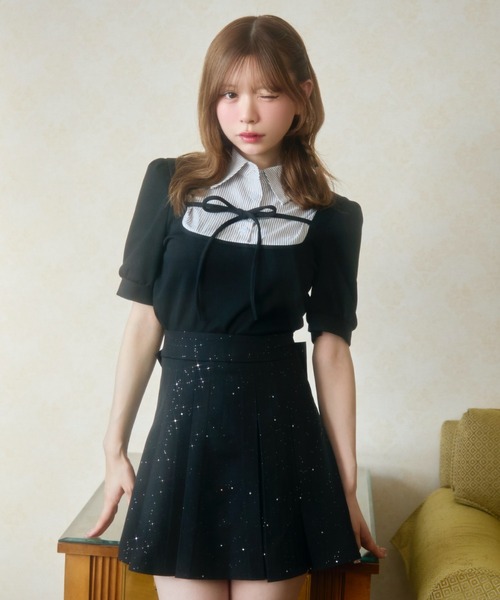 TITTY&CO.(ティティーアンドコー)の「ストライプシャツドッキングトップス半袖(Tシャツ/カットソー・レディース・ブラック/グレー・FREE)」の18枚目の写真