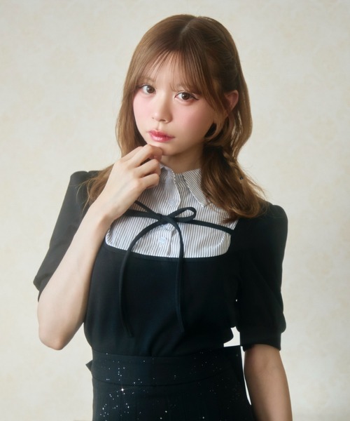 TITTY&CO.(ティティーアンドコー)の「ストライプシャツドッキングトップス半袖(Tシャツ/カットソー・レディース・ブラック/グレー・FREE)」の20枚目の写真