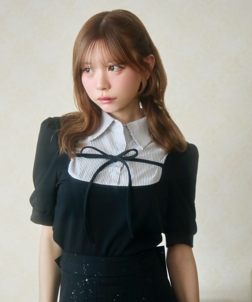 TITTY&CO.(ティティーアンドコー)の「ストライプシャツドッキングトップス半袖(Tシャツ/カットソー・レディース・ブラック/グレー・FREE)」の21枚目の写真