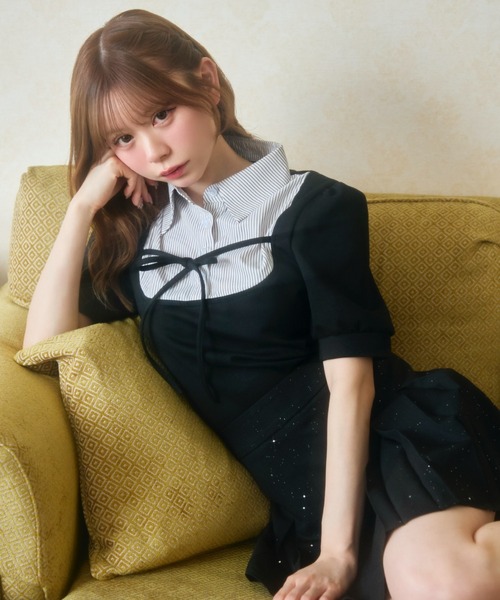 TITTY&CO.(ティティーアンドコー)の「ストライプシャツドッキングトップス半袖(Tシャツ/カットソー・レディース・ブラック/グレー・FREE)」の11枚目の写真