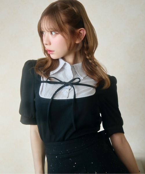 セール】ストライプシャツドッキングトップス半袖（Tシャツ/カットソー