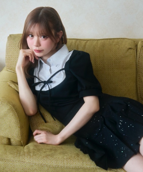 TITTY&CO.(ティティーアンドコー)の「ストライプシャツドッキングトップス半袖(Tシャツ/カットソー・レディース・ブラック/グレー・FREE)」の13枚目の写真