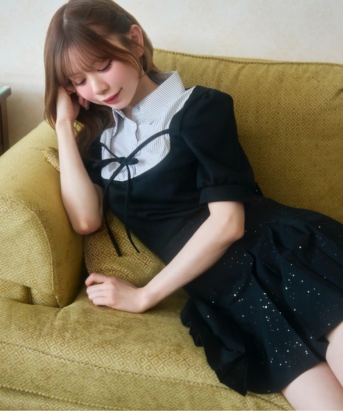 TITTY&CO.(ティティーアンドコー)の「ストライプシャツドッキングトップス半袖(Tシャツ/カットソー・レディース・ブラック/グレー・FREE)」の14枚目の写真