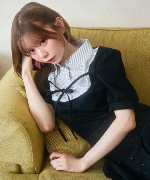 TITTY&CO.(ティティーアンドコー)の「ストライプシャツドッキングトップス半袖(Tシャツ/カットソー・レディース・ブラック/グレー・FREE)」の15枚目の写真