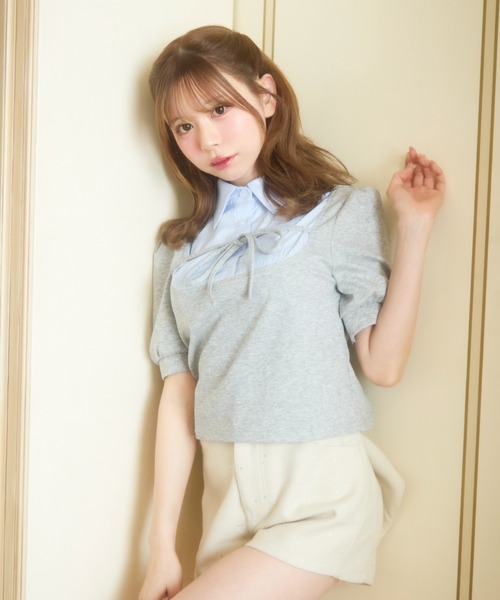 TITTY&CO.(ティティーアンドコー)の「ストライプシャツドッキングトップス半袖(Tシャツ/カットソー・レディース・ブラック/グレー・FREE)」の5枚目の写真
