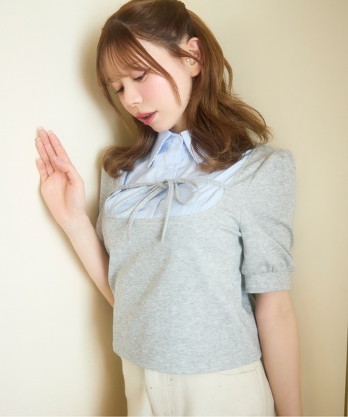 TITTY&CO.(ティティーアンドコー)の「ストライプシャツドッキングトップス半袖(Tシャツ/カットソー・レディース・ブラック/グレー・FREE)」の7枚目の写真
