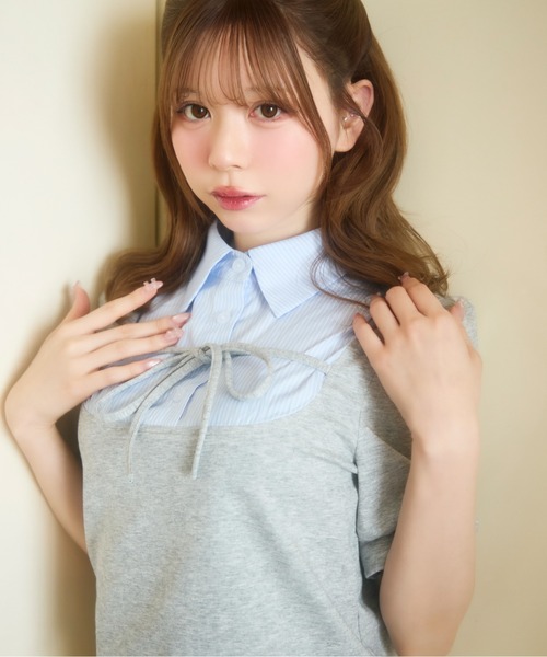 TITTY&CO.(ティティーアンドコー)の「ストライプシャツドッキングトップス半袖(Tシャツ/カットソー・レディース・ブラック/グレー・FREE)」の8枚目の写真