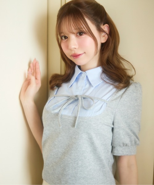 TITTY&CO.(ティティーアンドコー)の「ストライプシャツドッキングトップス半袖(Tシャツ/カットソー・レディース・ブラック/グレー・FREE)」の9枚目の写真