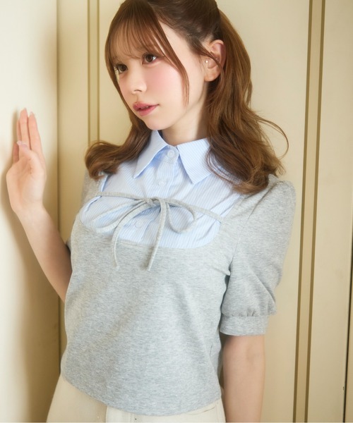 TITTY&CO.(ティティーアンドコー)の「ストライプシャツドッキングトップス半袖(Tシャツ/カットソー・レディース・ブラック/グレー・FREE)」の10枚目の写真