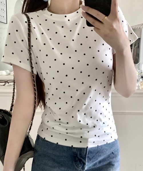 Teem Store(チームストア)の「ドット柄クルーネックタイトTシャツ 半袖(Tシャツ/カットソー・レディース・ホワイト/グレー/ブラック・M/S)」の9枚目の写真