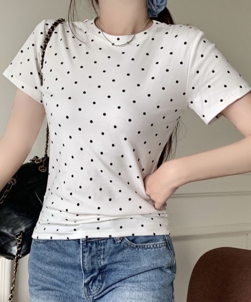 Teem Store(チームストア)の「ドット柄クルーネックタイトTシャツ 半袖(Tシャツ/カットソー・レディース・ホワイト/グレー/ブラック・M/S)」の5枚目の写真