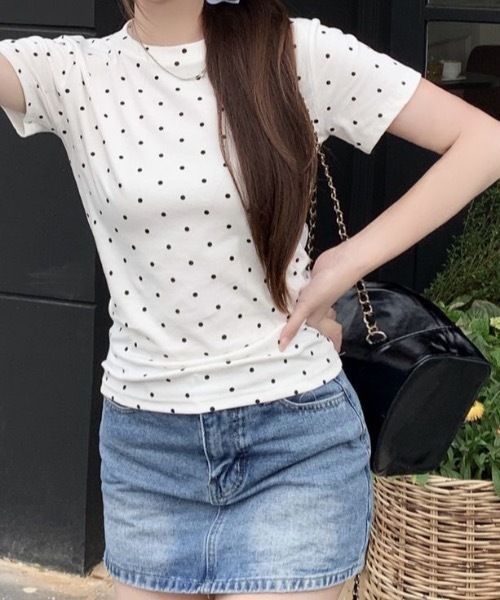 Teem Store(チームストア)の「ドット柄クルーネックタイトTシャツ 半袖(Tシャツ/カットソー・レディース・ホワイト/グレー/ブラック・M/S)」の7枚目の写真
