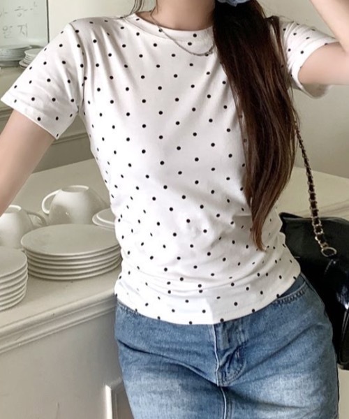 Teem Store(チームストア)の「ドット柄クルーネックタイトTシャツ 半袖(Tシャツ/カットソー・レディース・ホワイト/グレー/ブラック・M/S)」の8枚目の写真