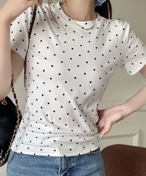 Teem Store(チームストア)の「ドット柄クルーネックタイトTシャツ 半袖(Tシャツ/カットソー・レディース・ホワイト/グレー/ブラック・M/S)」の10枚目の写真