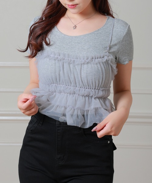 Anely(アネリー)の「レースキャミソール×Tシャツセットトップス(Tシャツ/カットソー・レディース・ホワイト/グレー・FREE)」の7枚目の写真