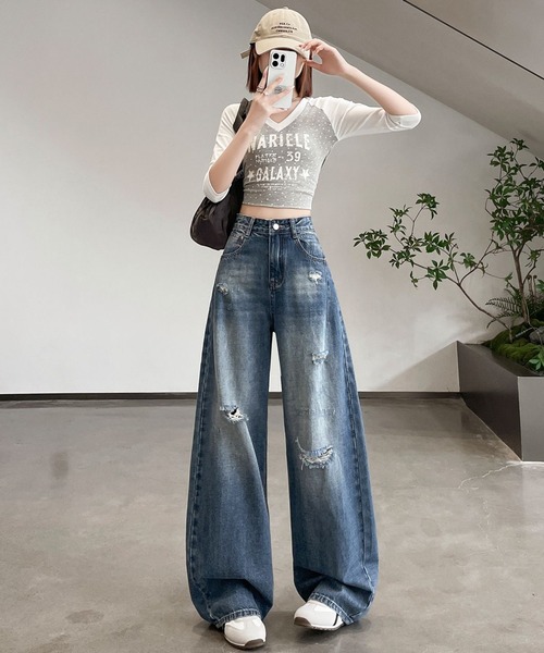 AMAJI(アマジ)の「ハイウエスト ダメージ加工 ワイドレッグ ロング丈 デニムパンツ(デニムパンツ・レディース・ブルー・X-LARGE/LARGE/MEDIUM/SMALL)」の3枚目の写真
