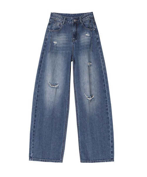 AMAJI(アマジ)の「ハイウエスト ダメージ加工 ワイドレッグ ロング丈 デニムパンツ(デニムパンツ・レディース・ブルー・X-LARGE/LARGE/MEDIUM/SMALL)」の5枚目の写真