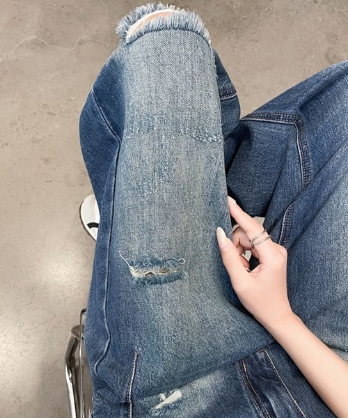 AMAJI(アマジ)の「ハイウエスト ダメージ加工 ワイドレッグ ロング丈 デニムパンツ(デニムパンツ・レディース・ブルー・X-LARGE/LARGE/MEDIUM/SMALL)」の4枚目の写真