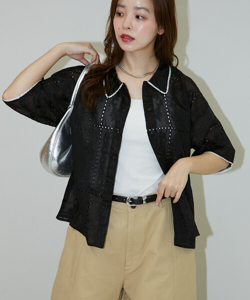 PUBLUX(パブリュクス)の「PUBLUX/パブリュクス 配色 ピコレース付き レースシャツ 限定展開(シャツ/ブラウス・レディース・ホワイト/ブラック・フリ-)」の14枚目の写真
