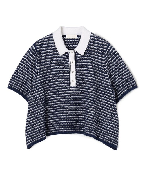 BALLSEY(ボールジィ)の「ファインファンシーボーダー ワイドショートポロ(ニット/セーター・レディース・ベージュ系その他/ネイビー・S)」の1枚目の写真