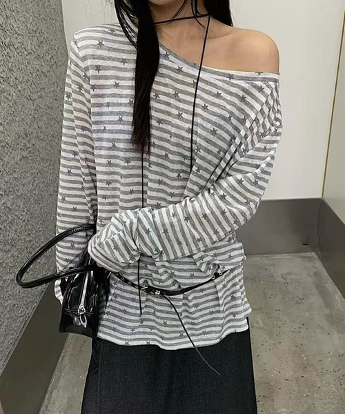 HALEY PESCA(ヘーリーペスカ)の「HALEY PESCA/【星柄×ボーダー】ワンショルダーカットソー ベルト付き(Tシャツ/カットソー・レディース・ネイビー/ブラック/ホワイト・FREE)」の2枚目の写真