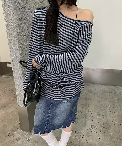 HALEY PESCA(ヘーリーペスカ)の「HALEY PESCA/【星柄×ボーダー】ワンショルダーカットソー ベルト付き(Tシャツ/カットソー・レディース・ネイビー/ブラック/ホワイト・FREE)」の9枚目の写真