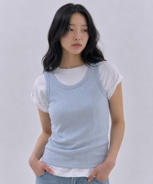 SAYUU(サユ)の「ソフトワッフルスリーブレスライトブルー(Tシャツ/カットソー・レディース・ライトブルー・FREE)」の1枚目の写真