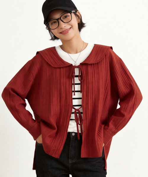 Sew loop(ソーループ)の「セーラーカラーシアー長袖カーディガン(カーディガン/ボレロ・レディース・ワインレッド/ブラック・FREE)」の6枚目の写真