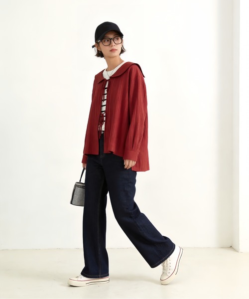 Sew loop(ソーループ)の「セーラーカラーシアー長袖カーディガン(カーディガン/ボレロ・レディース・ワインレッド/ブラック・FREE)」の4枚目の写真