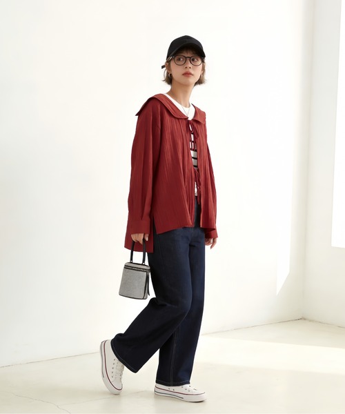Sew loop(ソーループ)の「セーラーカラーシアー長袖カーディガン(カーディガン/ボレロ・レディース・ワインレッド/ブラック・FREE)」の3枚目の写真