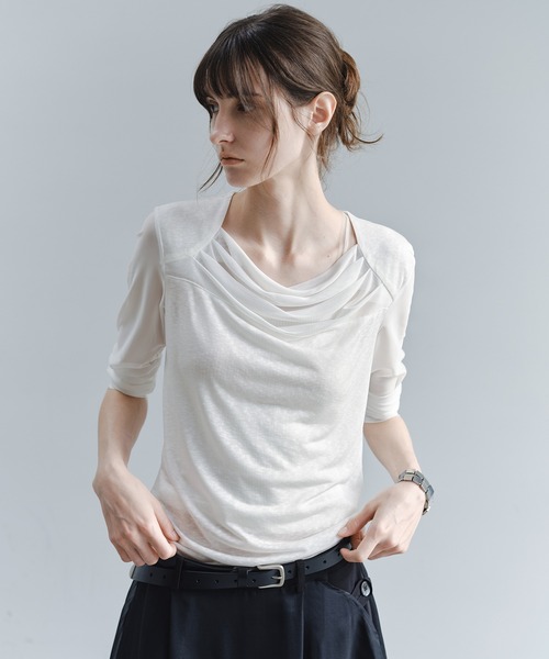 tageechita(タジチタ)の「【tageechita】ドレープデザイン シアートップス(Tシャツ/カットソー・レディース・アイボリー/グレー・L/M/S)」の11枚目の写真