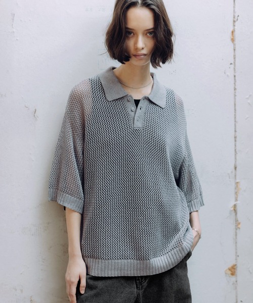 ROCHEM(ローシェン)の「ラメメッシュ 短丈 サマーニットポロ(ポロシャツ・メンズ・グレー/グリーン/ブラック/ネイビー・L/XS/M/S)」の2枚目の写真