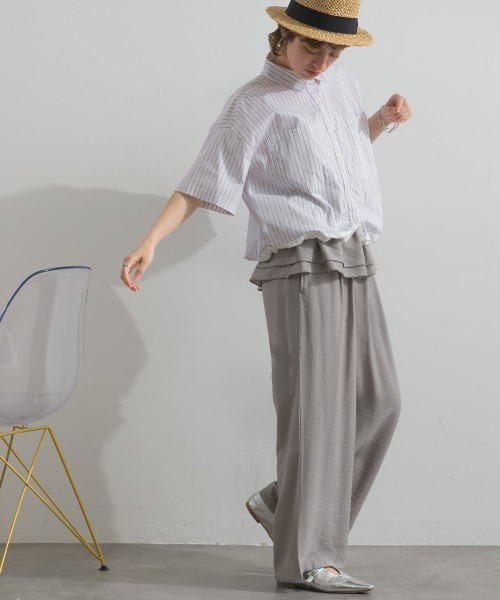 Figgle（フィグル）の「マルチストライプ 裾ドロスト クロップドシャツ（Tシャツ/カットソー・レディース・オフホワイト/ブルー・FREE）」の12枚目の写真