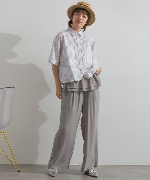 Figgle（フィグル）の「マルチストライプ 裾ドロスト クロップドシャツ（Tシャツ/カットソー・レディース・オフホワイト/ブルー・FREE）」の7枚目の写真