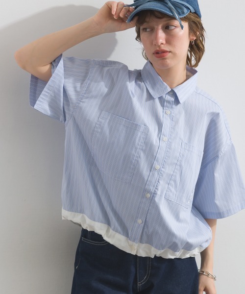 Figgle（フィグル）の「マルチストライプ 裾ドロスト クロップドシャツ（Tシャツ/カットソー・レディース・オフホワイト/ブルー・FREE）」の6枚目の写真