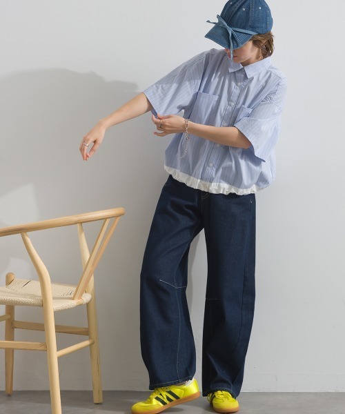 Figgle（フィグル）の「マルチストライプ 裾ドロスト クロップドシャツ（Tシャツ/カットソー・レディース・オフホワイト/ブルー・FREE）」の20枚目の写真