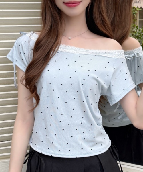 Ada.(エイダ)の「バレエコア ショルダー リボン レース ドット カットソー(Tシャツ/カットソー・レディース・ホワイト/ベージュ/ブラック/ブルー・FREE)」の4枚目の写真