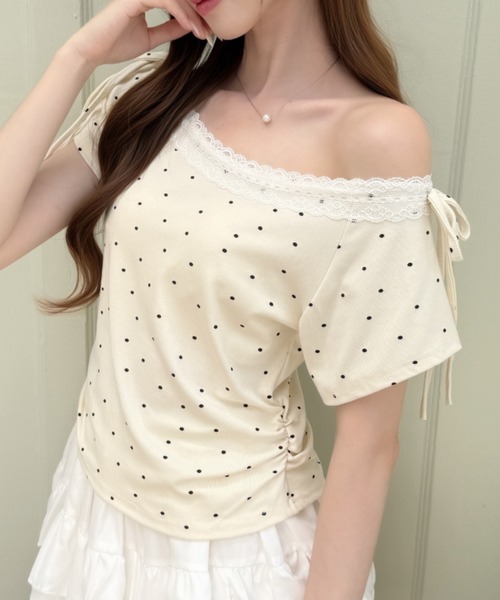 Ada.(エイダ)の「バレエコア ショルダー リボン レース ドット カットソー(Tシャツ/カットソー・レディース・ホワイト/ベージュ/ブラック/ブルー・FREE)」の13枚目の写真