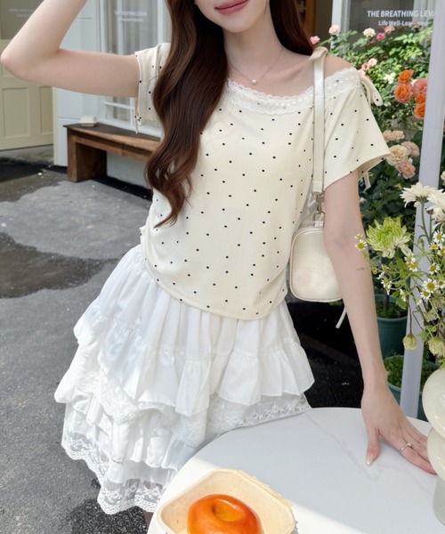 Ada.(エイダ)の「バレエコア ショルダー リボン レース ドット カットソー(Tシャツ/カットソー・レディース・ホワイト/ベージュ/ブラック/ブルー・FREE)」の16枚目の写真
