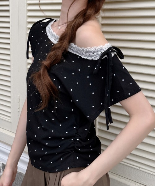 Ada.(エイダ)の「バレエコア ショルダー リボン レース ドット カットソー(Tシャツ/カットソー・レディース・ホワイト/ベージュ/ブラック/ブルー・FREE)」の19枚目の写真
