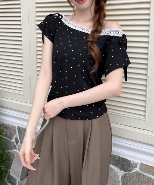 Ada.(エイダ)の「バレエコア ショルダー リボン レース ドット カットソー(Tシャツ/カットソー・レディース・ホワイト/ベージュ/ブラック/ブルー・FREE)」の22枚目の写真