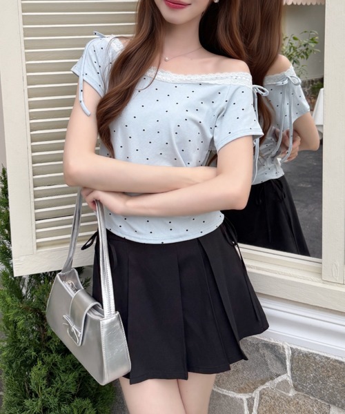 Ada.(エイダ)の「バレエコア ショルダー リボン レース ドット カットソー(Tシャツ/カットソー・レディース・ホワイト/ベージュ/ブラック/ブルー・FREE)」の8枚目の写真