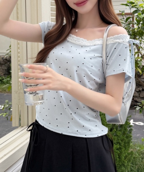 Ada.(エイダ)の「バレエコア ショルダー リボン レース ドット カットソー(Tシャツ/カットソー・レディース・ホワイト/ベージュ/ブラック/ブルー・FREE)」の5枚目の写真