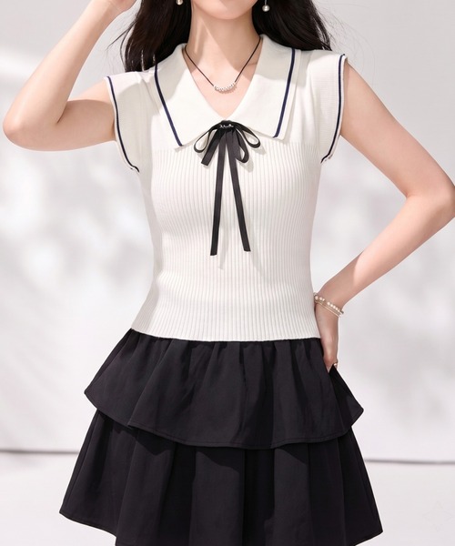 LUCPY(ラクピー)の「セーラーカラーリボンリブニットトップス(その他トップス・レディース・ホワイト・X-LARGE/LARGE/MEDIUM/SMALL)」の2枚目の写真