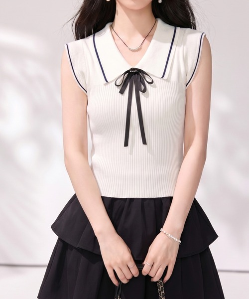 LUCPY(ラクピー)の「セーラーカラーリボンリブニットトップス(その他トップス・レディース・ホワイト・X-LARGE/LARGE/MEDIUM/SMALL)」の3枚目の写真