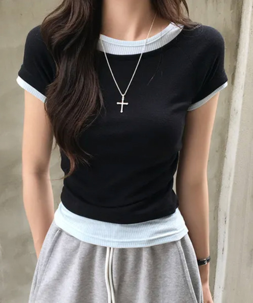 VIVID LADY(ビビッドレディー)の「レイヤード風 リブ 半袖トップス(Tシャツ/カットソー・レディース・チャコールグレー/ブラウン/ライトブルー/ブラック・FREE)」の1枚目の写真