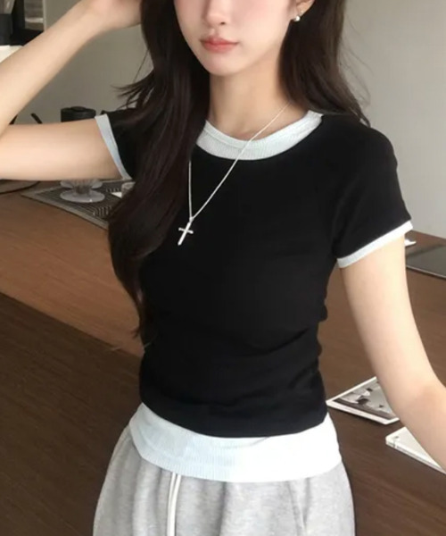 VIVID LADY(ビビッドレディー)の「レイヤード風 リブ 半袖トップス(Tシャツ/カットソー・レディース・チャコールグレー/ブラウン/ライトブルー/ブラック・FREE)」の18枚目の写真